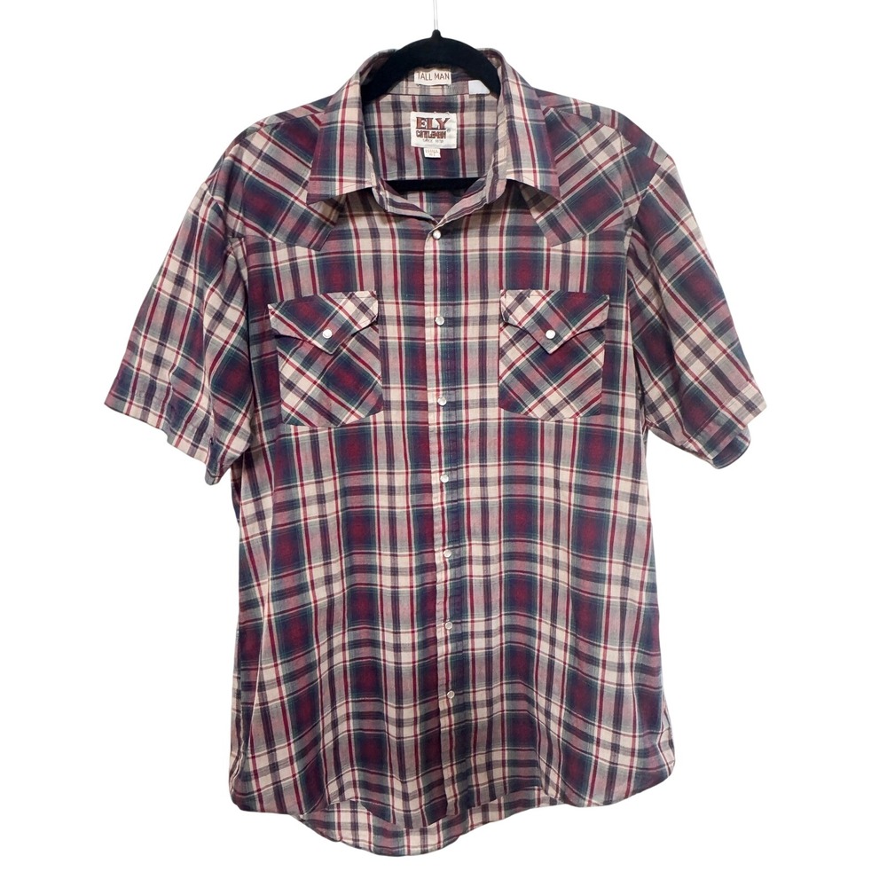 Ely Cattleman Mens Plaid‎ Western Shirt Tall Man Lg Tall 16.5 Short Sleeve
